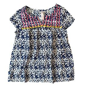 Cherokee Kids Girls Tunic Top Size M Blue White Geometric Embroidered‎